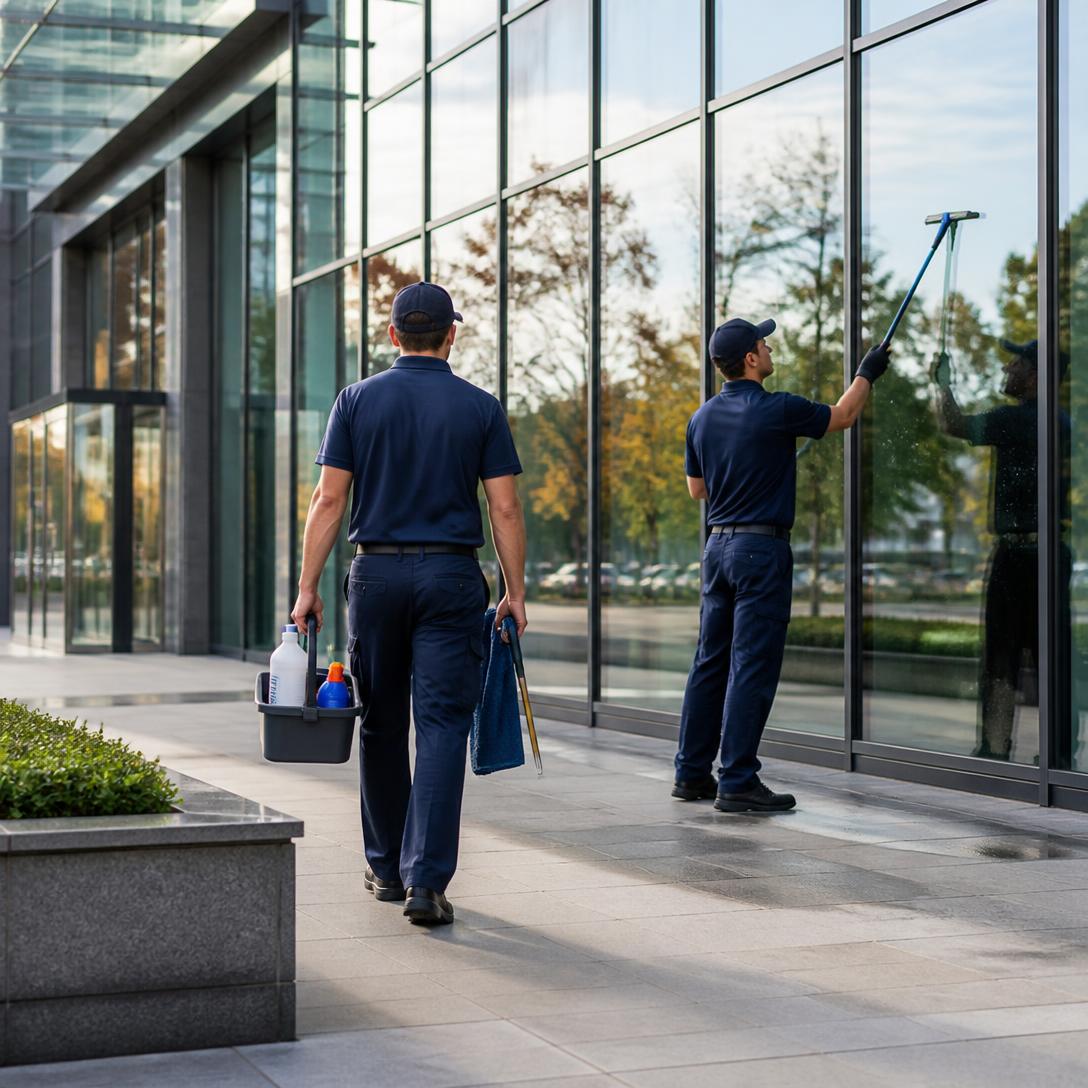 UBCORT commercial cleaning crew in navy uniforms cleaning windows at a modern office building